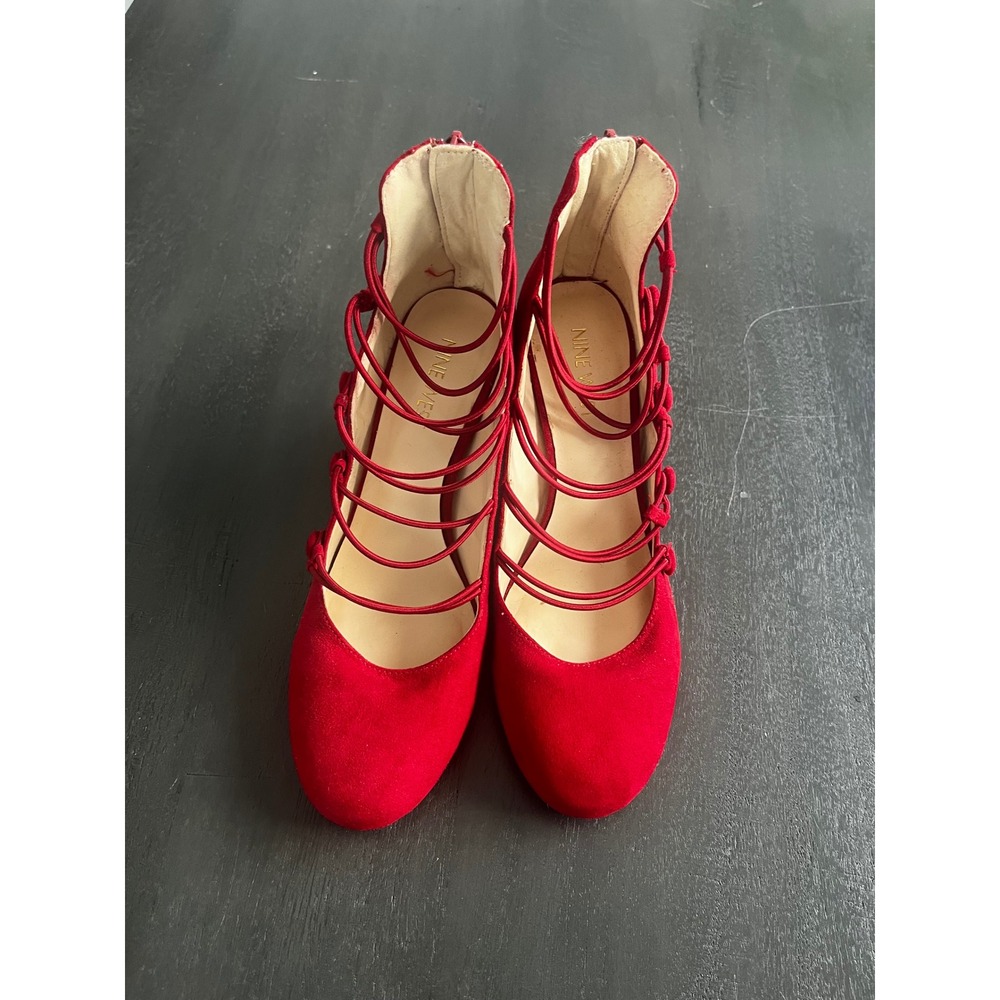 Nine West Korjo Red Suede Caged Block Heels Strappy Back Zip Pumps Size 6.5M